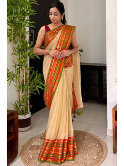 Mysilklove - Women's Pistachio Cream Mul Mul Cotton Kanchipuram Saree