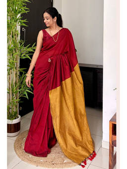 Mysilklove - Women's Rich Maroon Handloom Mul Mul Cotton Saree