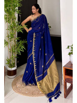 Mysilklove - Women's Capri Blue Mul Mul Cotton Zari Woven Saree