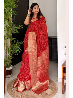 Mysilklove - Women's Canary Red Bandhani Silk Saree
