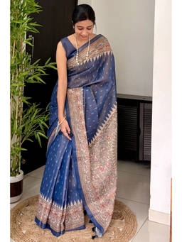 Mysilklove - Women's Blue Linen Cotton Printed Saree