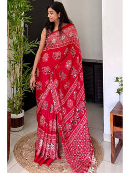 Mysilklove - Women's Jam Red Ajrakh Satin Printed Mirror Work Saree