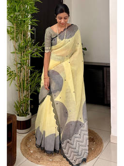 Mysilklove - Women's Canary Yellow Linen Cotton Digital Printed Saree