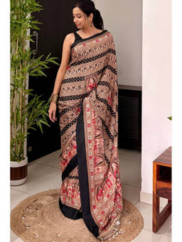 Mysilklove - Women's Velvet Black Dulhan Print Satin Mirror Work Saree