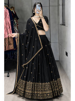 Kedar Fab - Black Chinnon Silk Embroidered Semi-Stitched Lehenga Choli with Dupatta