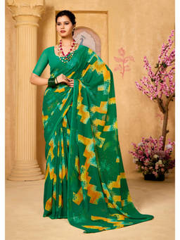 URBAN PALLU - Women's Poly Georgette Abstract Printed Green Fusion Saree