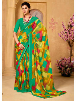 URBAN PALLU - Women's Poly Georgette Fusion Abstract Printed Green Saree