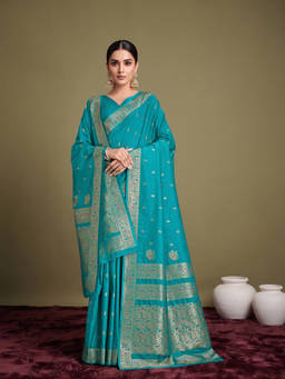 Monjolika Fashion - Women's Turquoise Woven Soft Banarasi Silk Saree