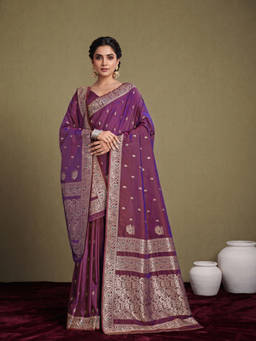 Monjolika Fashion - Women's Wine Woven Soft Banarasi Silk Saree