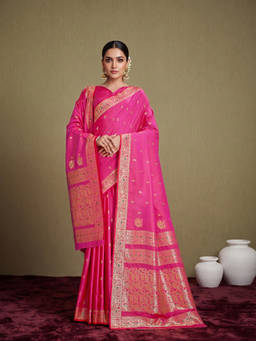 Monjolika Fashion - Women's Rani Pink Woven Soft Banarasi Silk Saree