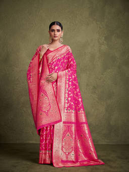 Monjolika Fashion - Women's Rani Pink Woven Soft Silk Saree