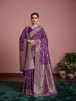 Monjolika Fashion - Women's Purple Woven Banarasi Style Soft Silk Saree