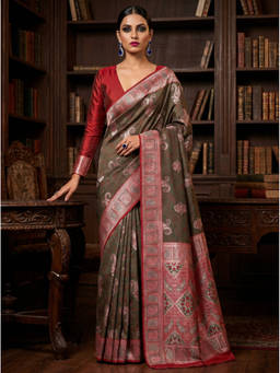Mimosa - Women's Olive Art Silk Kanjivaram Saree