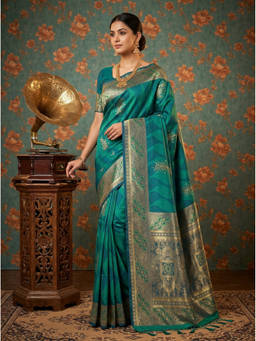 Mimosa - Women's Teal Art Silk Kanjivaram Saree