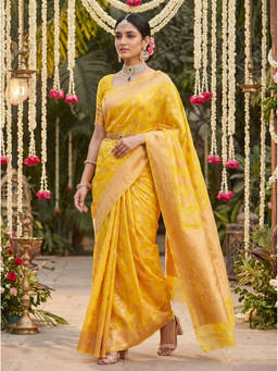 Mimosa - Women's Yellow Linen Banarasi Saree