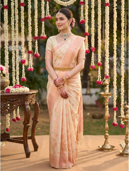 Mimosa - Women's Half Cream Linen Banarasi Saree