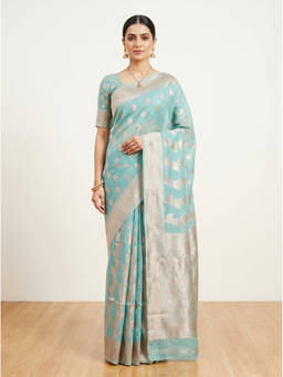 Mimosa - Women's Blue Linen Banarasi Saree