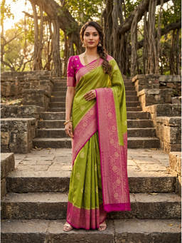 Mimosa - Women's Olive Crepe Mysore Silk Saree
