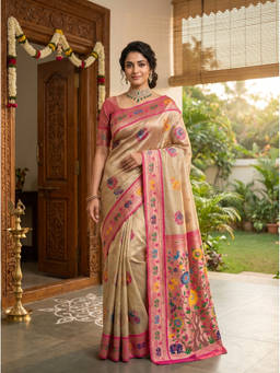Mimosa - Women's Beige Art Silk Paithani Saree