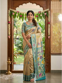 Mimosa - Women's Beige Art Silk Paithani Saree