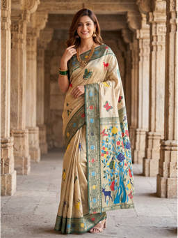 Mimosa - Women's Beige Art Silk Paithani Saree