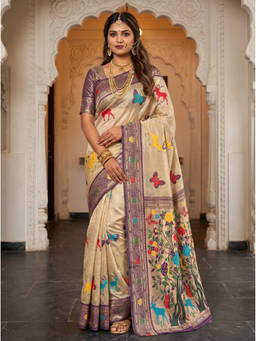 Mimosa - Women's Beige Art Silk Paithani Saree