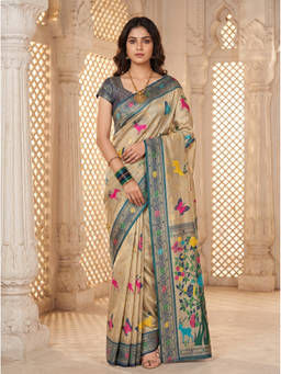 Mimosa - Women's Beige Art Silk Paithani Saree