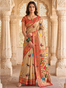 Mimosa - Women's Beige Art Silk Paithani Saree