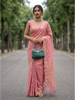 Mimosa - Women's Pink Linen Banarasi Saree