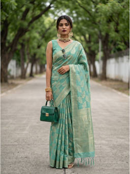 Mimosa - Women's Aqua Linen Banarasi Saree