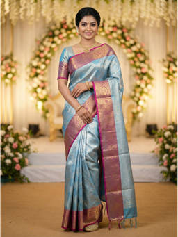 Mimosa - Women's Turquoise Art Silk Woven with Zari Tissue Trendy Saree