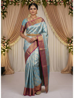 Mimosa - Women's Turquoise Art Silk Woven with Zari Tissue Classic Saree