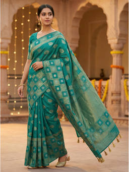 Mimosa - Women's Green Chiffon Woven with Zari Tissue Saree