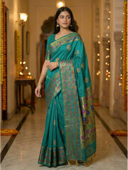 Mimosa - Teal Women's Raw Silk Woven with Zari Tissue Saree