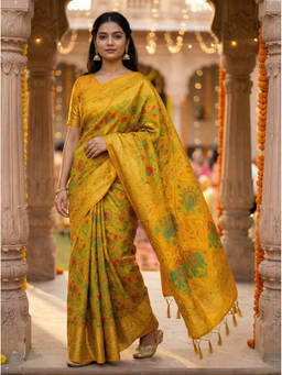 Mimosa - Women's Yellow Raw Silk Woven with Zari Tissue Saree