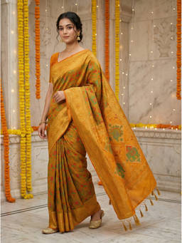 Mimosa - Women's Mustard Raw Silk Woven with Zari Tissue Daily Wear Saree