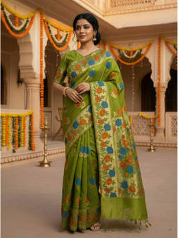 Mimosa - Women's Green Raw Silk Woven with Zari Tissue Trendy Saree