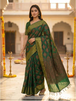 Mimosa - Women's Green Raw Silk Woven with Zari Tissue Fashionable Saree