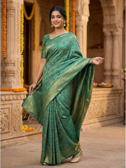 Mimosa - Women's Green Raw Silk Woven with Zari Tissue Classic Saree
