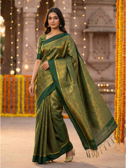 Mimosa - Women's Green Crepe Woven with Zari Tissue Trendy Saree