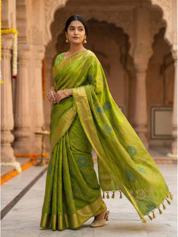 Mimosa - Women's Green Crepe Woven with Zari Tissue Elegant Saree