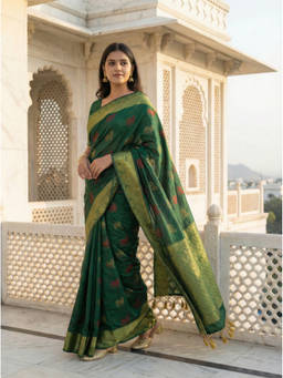 Mimosa - Women's Green Raw Silk Woven with Zari Tissue Stylish Saree