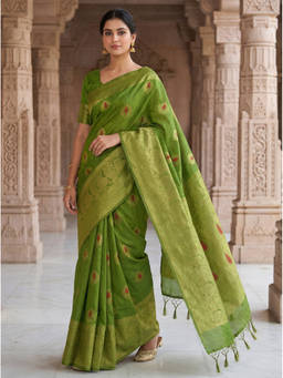 Mimosa - Women's Green Dola Silk Woven with Zari Tissue Saree