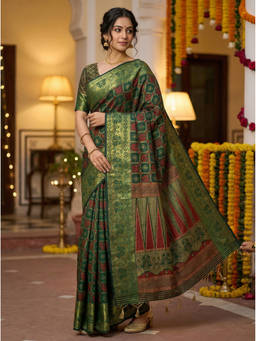 Mimosa - Women's Green Raw Silk Woven with Zari Tissue Chic Saree
