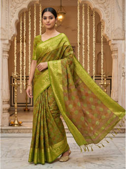 Mimosa - Women's Green Raw Silk Woven with Zari Tissue Graceful Saree