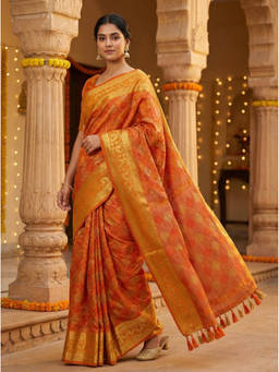 Mimosa - Women's Orange Raw Silk Woven with Zari Tissue Saree