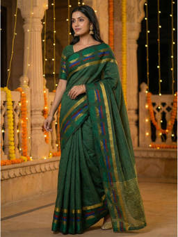 Mimosa - Women's Green Tussar Silk Woven with Zari Tissue Saree