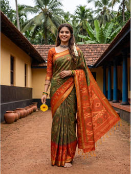 Mimosa - Women's Olive Art Silk Pochampally Saree