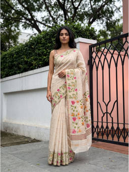 Mimosa - Women's White Linen Banarasi Trendy Saree