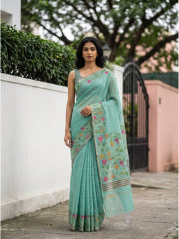 Mimosa - Women's Turquoise Linen Banarasi Daily Wear Saree